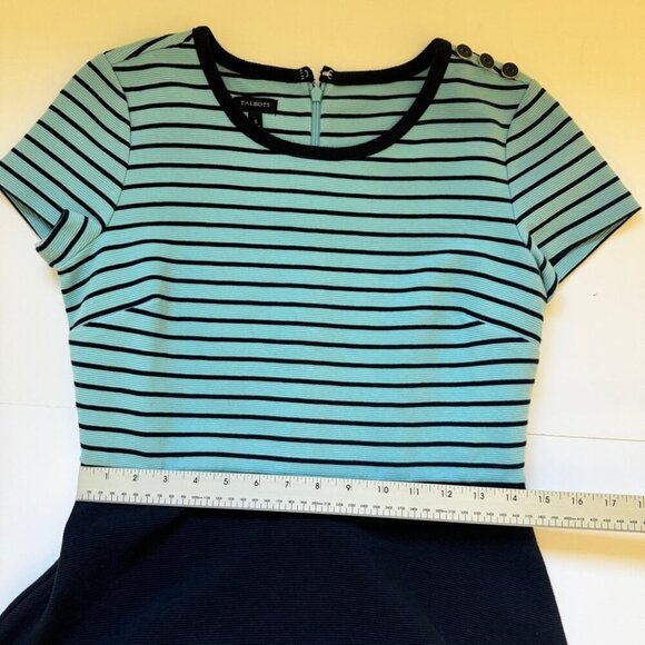 Talbots Dress Aqua Navy Blue Strpied Ribbed Knit A Line Flared Full Zip Sz S - Picture 9 of 15